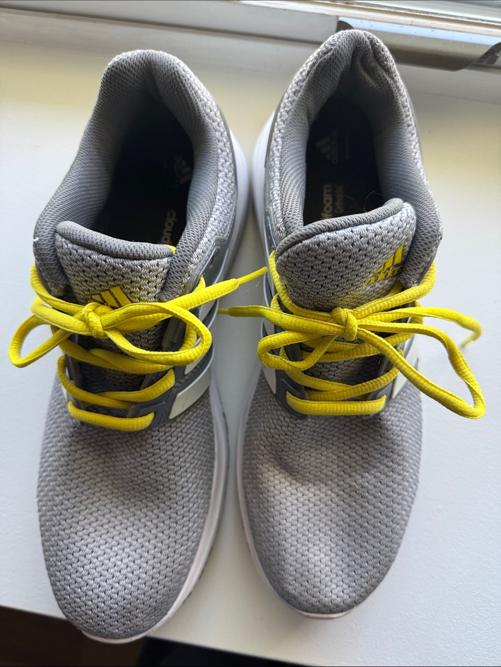 adidas Men’s Gray Knit Athletic Sneakers with Yellow Laces